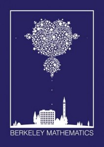 A constellation in the shape of the Mandelbrot set above the silhouette of a building next to a clock tower, all above the text "Berkeley Mathematics".