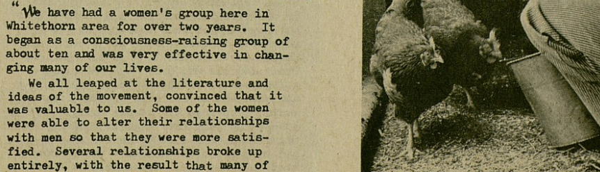 A letter from a rural woman's collective in Canada attesting to the necessity they have for feminist literature, accompanied by an image of a woman feeding her chickens. 