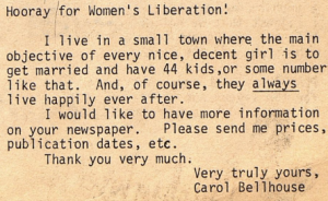 A picture of a letter to the editor in a feminist publication in which a rural woman describes her eagerness to receive more feminist content.