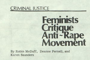 The header of the criminal justice segment of the newsletter. It reads "Feminists Critique Anti-Rape Movement."