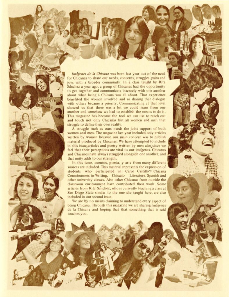Image of the page corresponding to the editorial statement of the second and final issue of Imágenes de la Chicana. Surrounding the statement are candid pictures of the publication's contributors in collage form.