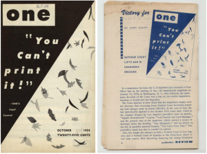Minimalistic cover art for One Magazine features a strong diagonal emphasis and bold font. Two pages are shown side by side.