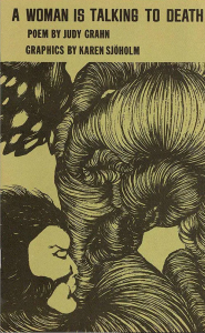 Cover of "A Woman is Talking to Death:" drawing of a woman's face profile surrounded by abstract twisting lines