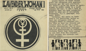 Cover of Lavender Woman periodical with drawing of overlapping female gender symbols in a circle and writtern text with drawing of figures holding hands