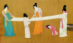 "Court Ladies Preparing Newly Woven Silk" a painting by Zhang Xuan depicts Confucian women performing traditionally domestic and subservient tasks