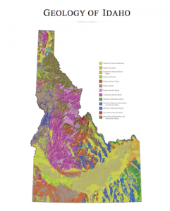 Stratigraphic Map of Idaho; the Snake River Plain is the wide crescent-shaped band of yellow; Ketchum is “central” (how central can anything be in a state shaped like Idaho?). It is right where the yellow meets the blue and orange section. Image courtesy of Idaho State University.