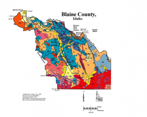 Stratigraphic Map of Blaine County; Ketchum is in the upper left section. This map shows the transition between plains (red areas) and mountains (blue areas). Image courtesy of Idaho State University.