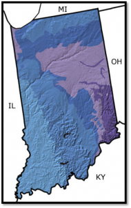 Map Two: Age of surface rocks in Indiana. Light blue is Permian, medium blue Carboniferous, darker blue Devonian, lavender Silurian, and violet Ordovician. Note the absence of any rocks younger than 250 million years old. Source: “Indiana, US.” The Paleontology Portal. 