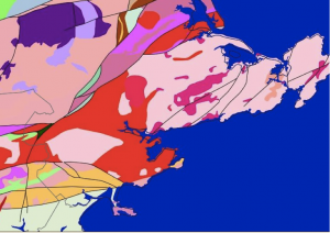 Figure 2: A geologic map of part of the North Shore of Boston. The map shows the granite (the light pink) found in the region (U.S. Geological Survey).