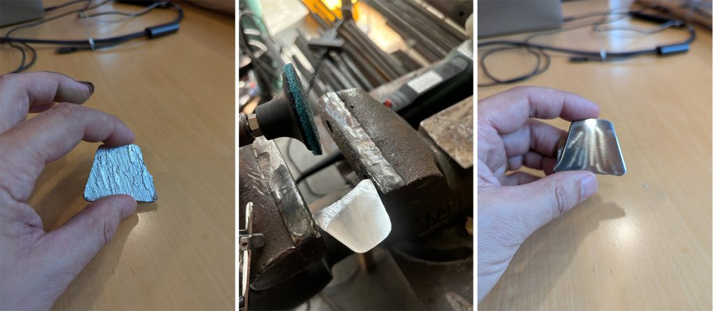 Samantha Pasapane of the Sculpture Studio experiments with forging aluminum from CNC shavings into blocks, and then polishing to a mirror reflective finish. Left: cutting a slice with the bandsaw; Middle: polishing with a drill mounted 3M abrasive pad; Right: the final slice is highly polished.