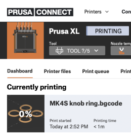 Prusa Connect web portal for a Prusa XL printer