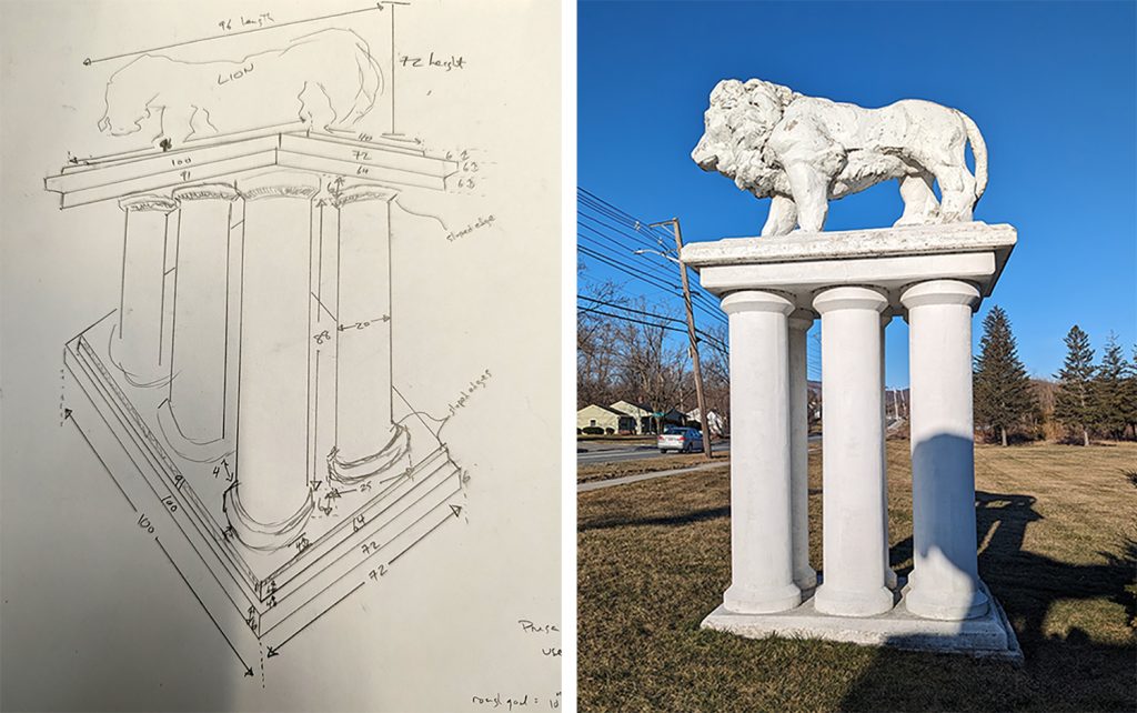 David Keiser-Clark took measurements of the lion statues (on site) at the former Spruces in Williamstown, MA