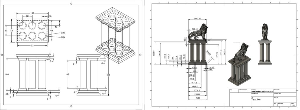 Left: Autodesk Fusion 360 CAD renderings created by Alice Sore '27, from measurements, to 3D print the pillars and base. Right: digitized lion scan placed, to scale, on top of pillars structure.