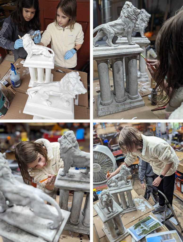 Elizabeth Heeringa and Anderson Keiser-Clark, fifth graders, provided the vision for aging and the labor to complete the entire post-processing effect. (Clockwise from top left: Anderson on left, and Elizabeth on right; Elizabeth dry brushing with greens to create moss effect; Bottom left: more dry bushing; Bottom right: Getting out the ladder as these lions are tall!