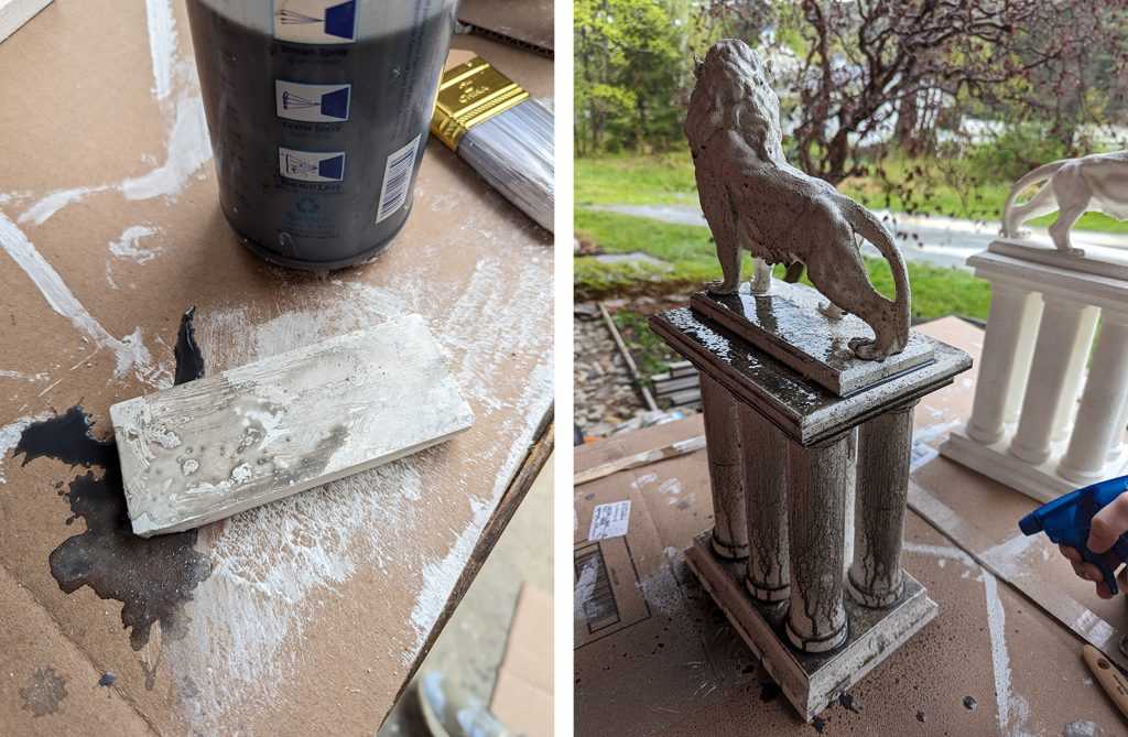 Elizabeth initially warned that the black acrylic wash solution goes on strong and creates deep and dark puddles, but eventually dries much lighter. Effectively, she said: "Don't worry, David." Left: You can see the difference of the acrylic wash on cardboard (dried dark), and how 3 successive additive layers dried on the scrap base with slightly darker tones and increase variation of patterning. Right: Massive puddling and dripping of black paint that will dry in significantly lighter tones.