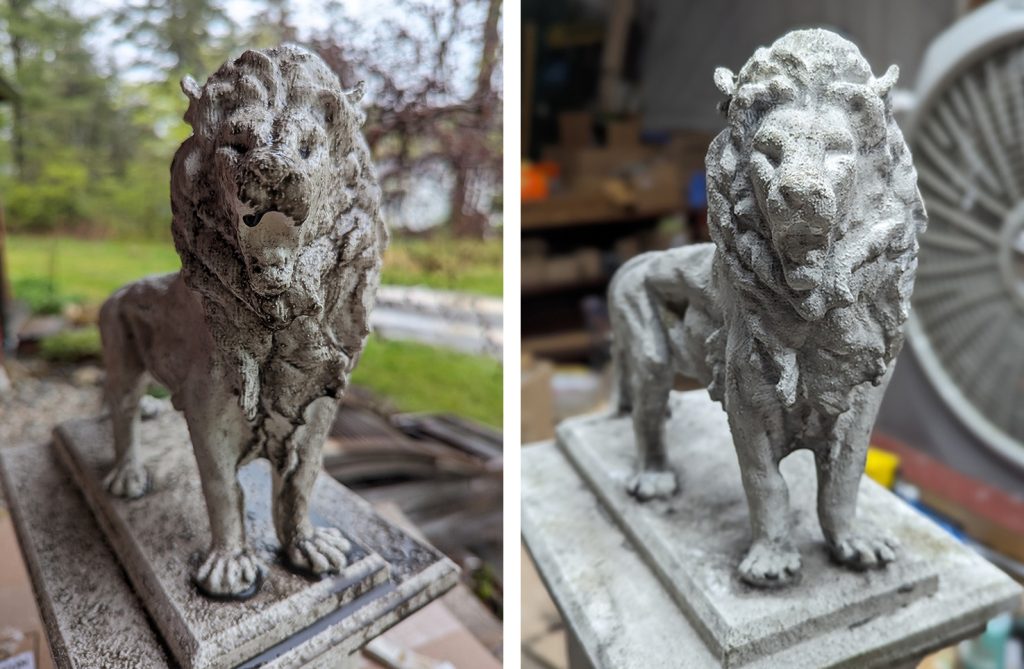 Left: Lion dripping from the acrylic wash spray; Right: Completed lion after multiple acrylic wash sprayings.