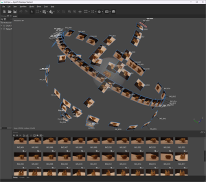 The Metashape software displays "orbits" of the many flat digital photos that were required to accurately construct the 3D object of the tooth (viewable in the center of the photo).