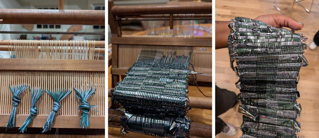 Weaving reflective mylar into Tsedaye Makonnen's Astral Seas project. Left: Before weaving the mylar, the loom must be threaded to create a warp. Middle: Creating a demo weaving in the FabLab to demonstrate a variety of mylar widths and explore looser or tighter weaving of materials. Right: Final woven demo. Weaver: David Keiser-Clark.