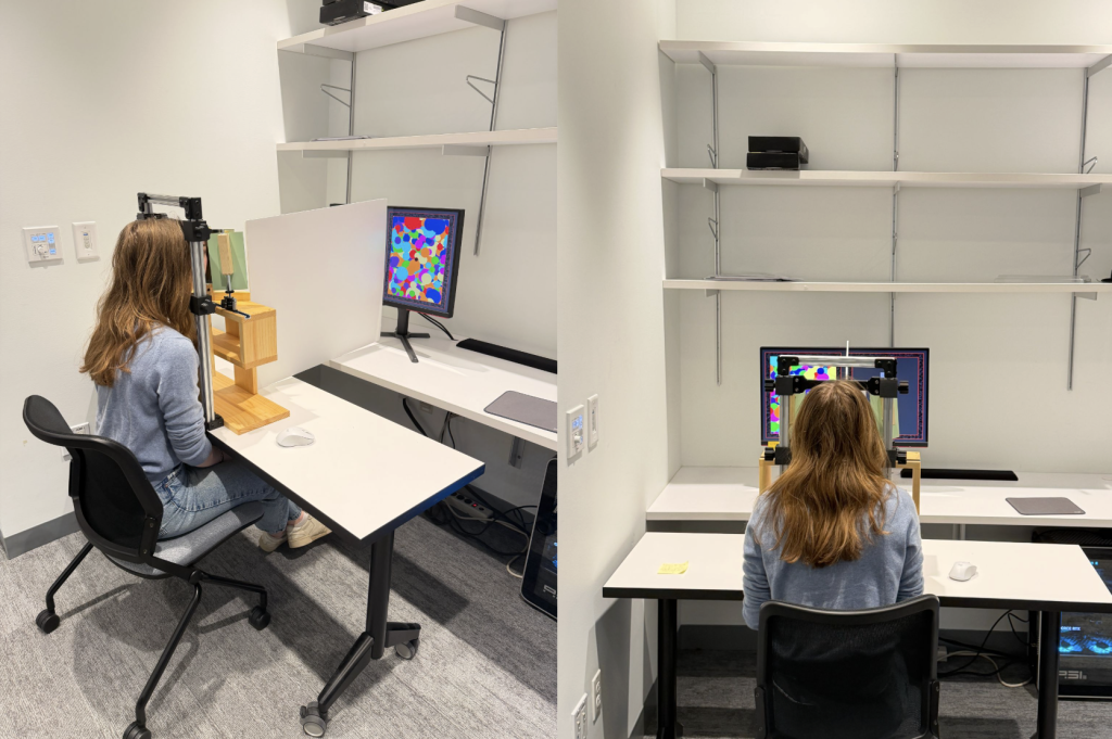 WAVE Lab Research Assistant Maggie Nichols demonstrating how the mirrorhaploscope is used in experiment setting 