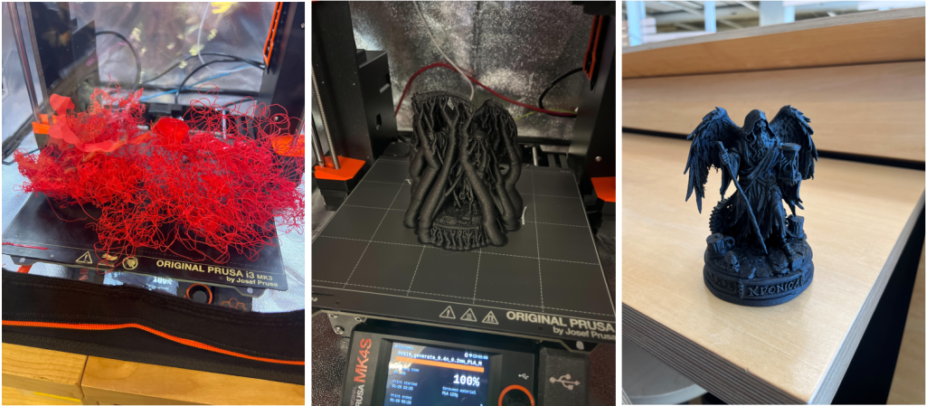 Left to Right:; (1) Big red spaghetti ball: the colorful fun of a failed print; (2) Successfully printed model of Chronos with supports; (3) Finished print of Chronos with all supports removed