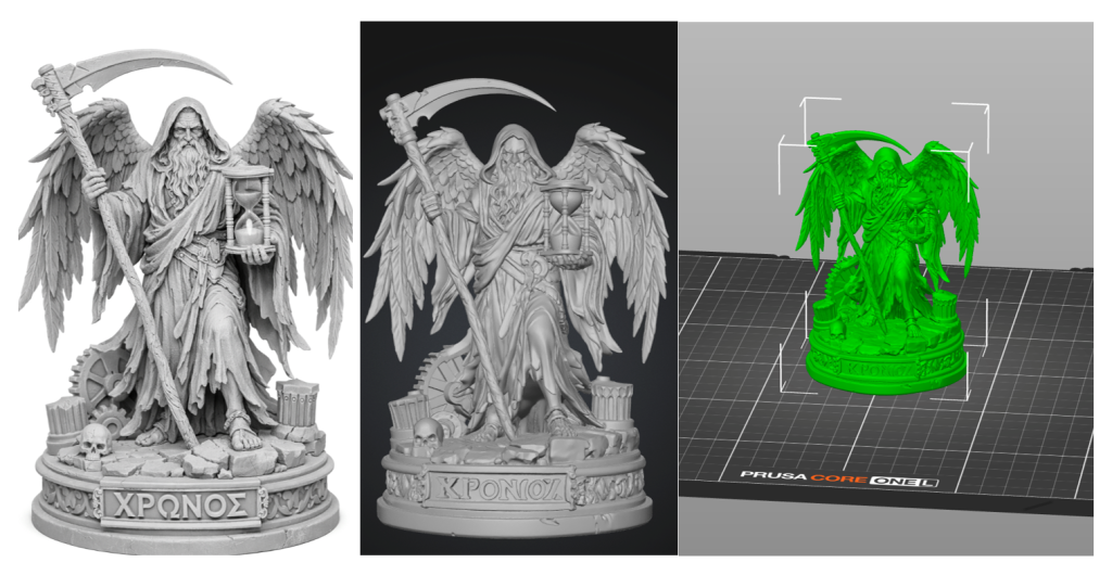 Left to Right: (1) ChatGPT-generated image of Chronos and symbols of linearized time such as the hourglass and clock gears; (2) 3D model of Chronos produced by MeshyAI and Hitem3D software, based on the original image; (3) Editing the 3D model in PrusaSlicer to achieve proper scale and supports