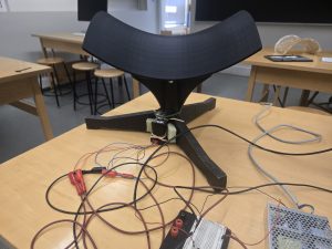 This photo displays the hyperbolic paraboloid (connected to a base with rotational motor) that the Makerspace 3D printed. Unlike fiberglass models, this included smooth curves and precise geometry and no bumps. The Makerspace has the largest 3D-printer beds on campus.