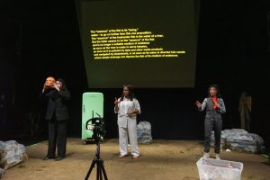 Diliara Sadykova ’26, Saumya Shinde ’26, Coco Zhang ’26 (left to right) act in Jane Su's senior theater thesis: Hamletmachine #2026.