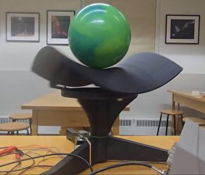 A still photo from a video of a sweeping hyperbolic paraboloid with a ball resting right at its unstable center. Photo courtesy of Brough Morris.
