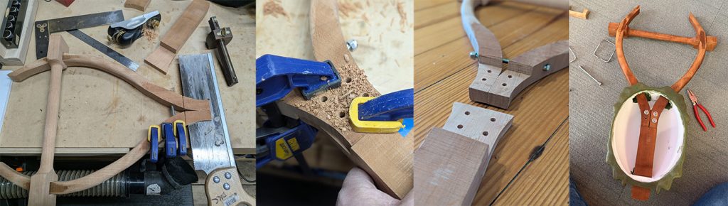 Wood joinery: extending the arms by creating a halflap joint, fastened with removable bolts to enable future adjustments.