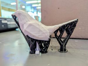 3D printed Savannah sparrow model created by the Makerspace. Our lab painted this bird to use in our field experiments. 