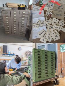 Upcycled three apothecary cabinets, rescued from the former Purple Dragon store on Spring Street, and that date back to Hart’s Pharmacy. The photo in top-right is of papers discovered when cleaning and painting the cabinets.