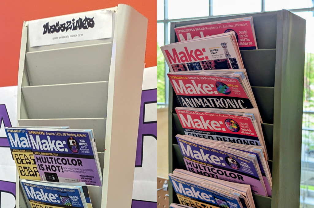 Upcycled one magazine rack from the old Davis Center in Bascom House.