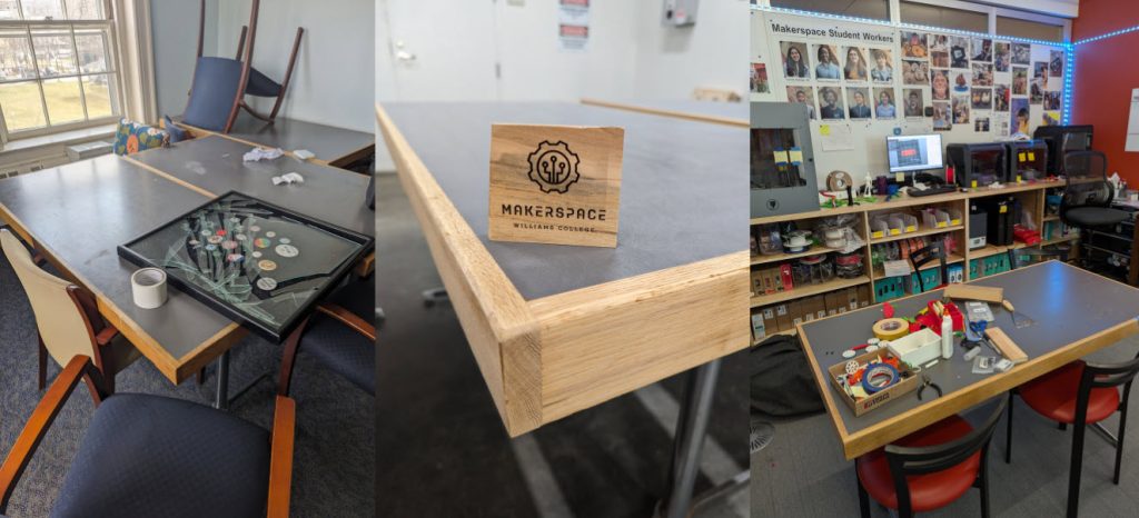 Repurposed three tables, also from the former Davis Center that was in Bascom House. David sanded, oiled, and applied a topcoat of polyurethane. These tables have never looked better, and are staples now in the Makerspace and FabLab. Zero dollars spent on furniture.