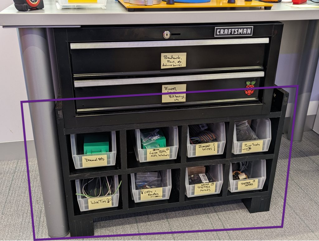Repurposed a broken and trashed particle board box and David recrafted it into the Makerspace's first custom organizer. Less material for the landfill, and it's actively in use.