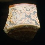 Potsherd: red band at top. Maya Motul de San Jose collection of whole and partial polychrome vessels of Late Classic period.