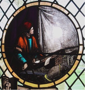 Stained glass window from the church at Much Hoole  showing Horrocks's original observations.