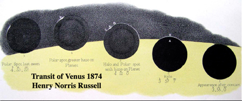 The observations of the 1874 transit of Venus from Australia by Henry Chamberlain Russell, from a book that also included a 1761 image of the black-drop effect by Thobern Bergman from the Philosophical Transactions of the Royal Society. (The wrong Russell's name was added much later to this image).