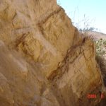 Gneissic foliation in saprolite exposed in vertical lavaka wall