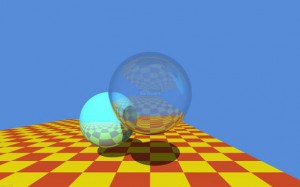 Turner Whitted's iconic 1980 rendering of a sphere and checkerboard using his ray tracing algorithm