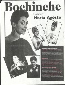 Flyer Advertising Bochinche, a one woman performance featuring María Agosto. Agosto, Maria (WC 1995). Alumni Biographical File. Williams College Archives and Special Collections.