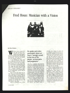 The image shows a newspaper article titled, :Fred Houn: Musician with a Vision" and was written by Rita Feliciano in July 1988. 