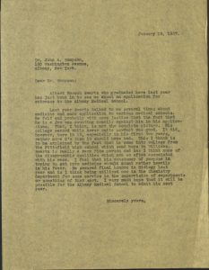 This is a letter from Williams College President Tyler Dennett to Dr. John A. Sampson concerning the admission of Schwartz to Albany Medical School.