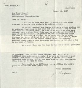 This is a letter from Dr. John A. Sampson to Williams College President Tyler Dennett stating that the quota for Jewish students has been filled at Albany Medical School