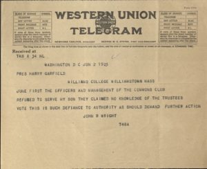 Telegram from John Wright to Williams College President Henry A. Garfield