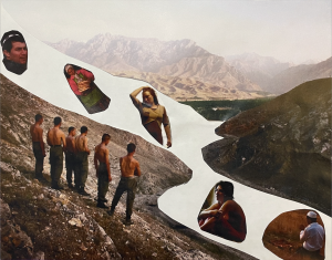 Collage depicting a group of Uzbek soldiers surveying a territorial enclave within Ferghana Valley. Images of Uzbek, Kyrgyz, and Tajik citizens have been placed in a river of liminal space between the background and foreground elements.