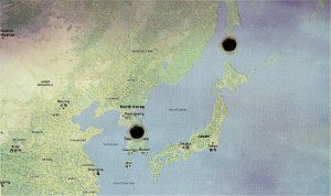 A map with two holes, one on South Korea and one on Sakhalin Island, to depict the idea of a wormhole in a different dimension