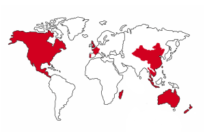 An image of the world map, with different areas of the world shaded in in red to represent all the places large Cantonese populations reside