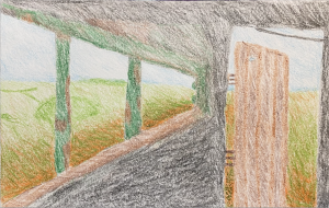 Color pencil sketch depicts a landscape view from a guard outpost near the Tajik-Afghan border, originally photographed by Carolyn Drake. 