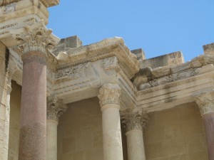 Detail of the well-preserved scaenae frons, or theater facade, at the Roman theater of Bet She'an. Its Corinthian capitals and elegant entablature firmly established this Decapolis city as a seat of Roman culture and power in the Middle East during the 1st century CE.